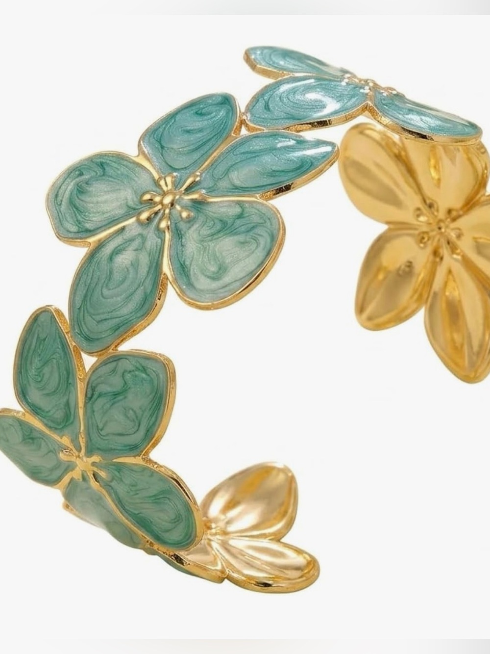 NEW 18K Gold Plated Enamel Floral Cuff Bracelet in Teal Green